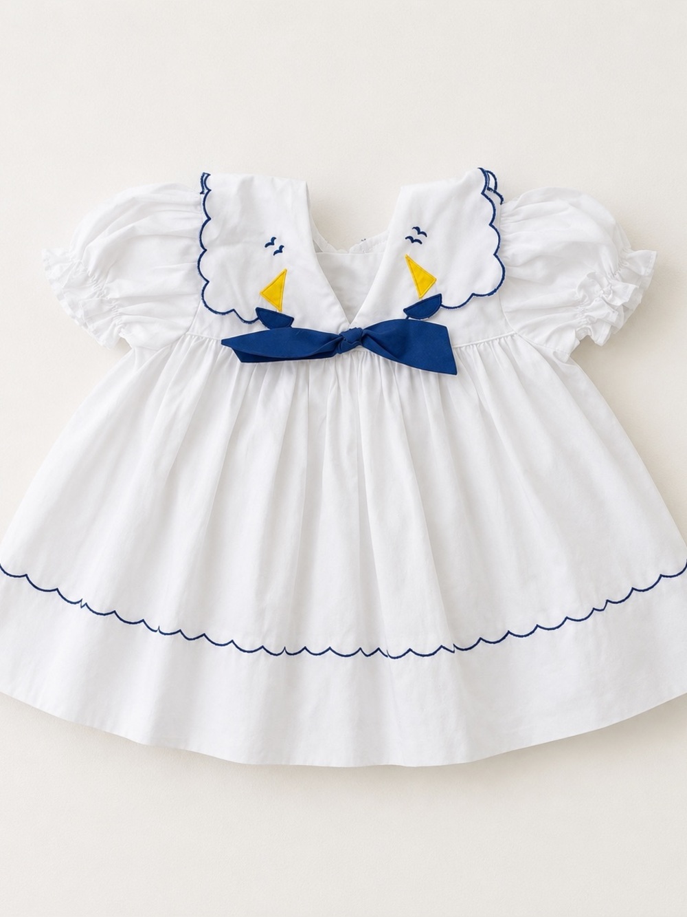Vintage Nautical Sailboat Baby Dress 12 Months Puff Sleeve White Blue Heirloom